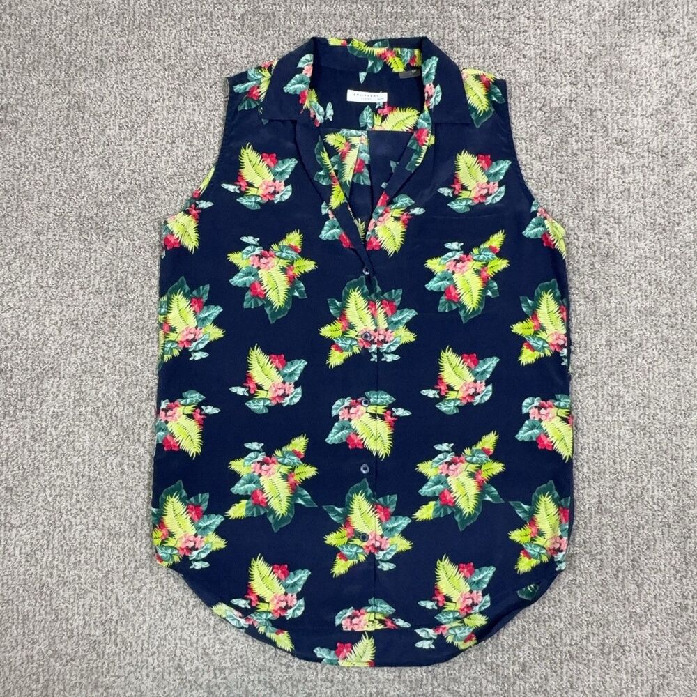 Equipment Femme Top Womens XS Blue Tropical Floral Silk Sleeveless Button Blouse